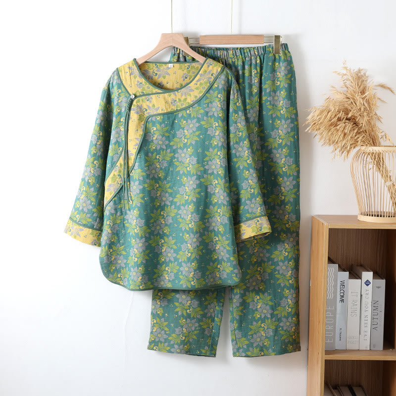 Louise | Pyjama Pour Femme En Gaze De Coton À Motif Floral Et Boutons Traditionnels