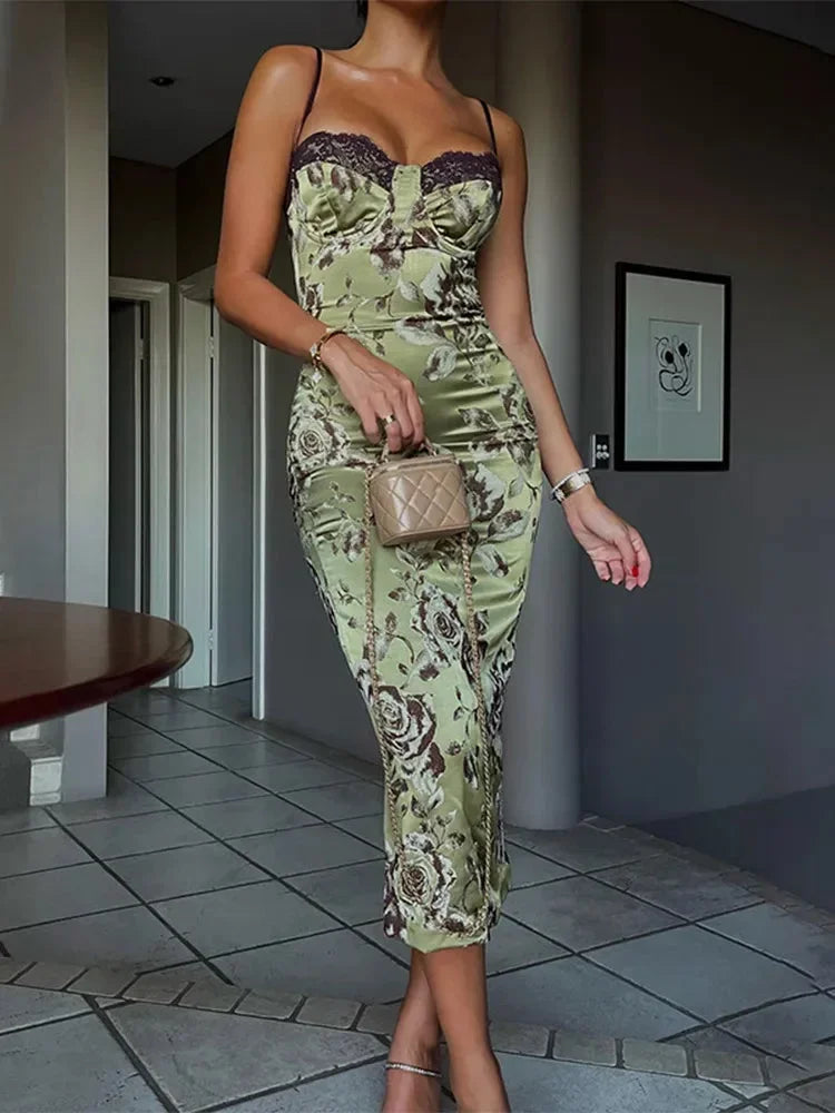 Ana | Robe Midi Fleurie Satinée Corset Sans Bretelles Soirée Été
