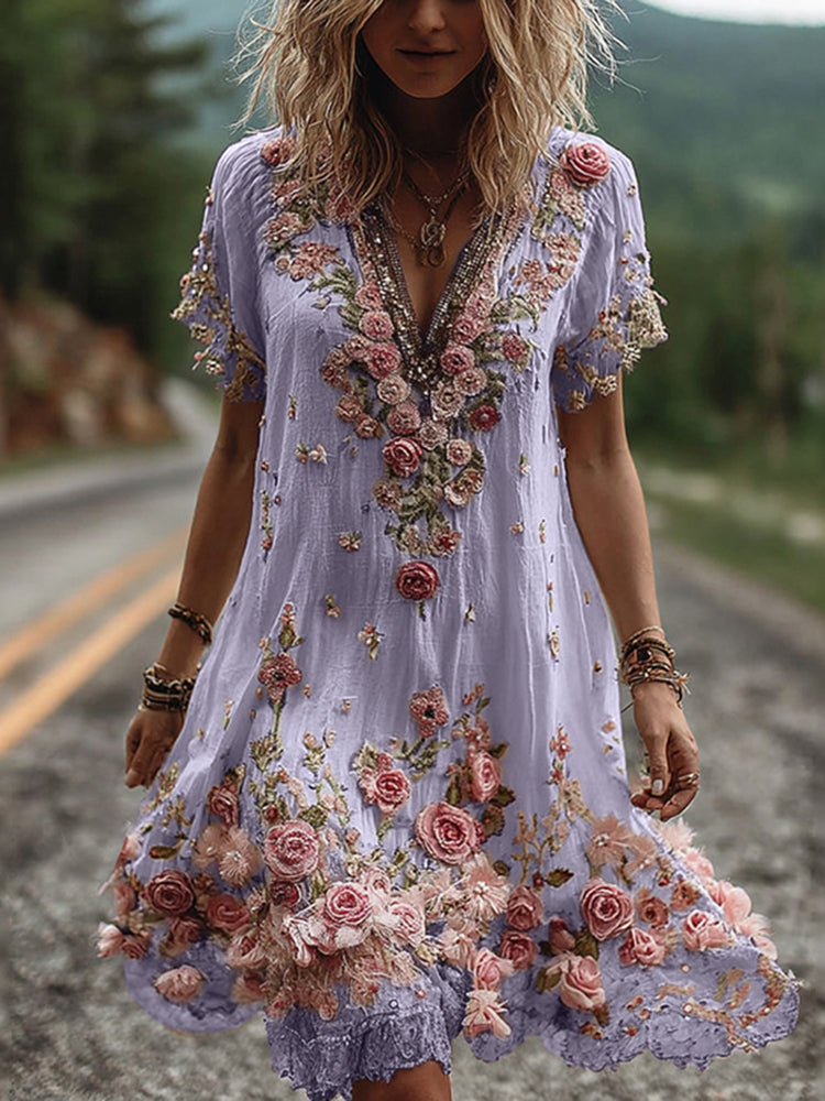 Diana | Robe Col V Brodée Fleurie