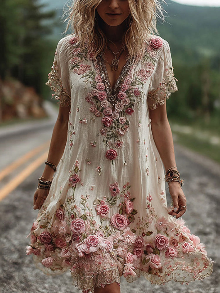 Diana | Robe Col V Brodée Fleurie
