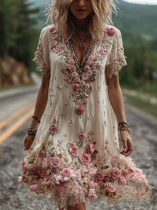 Diana | Robe Col V Brodée Fleurie
