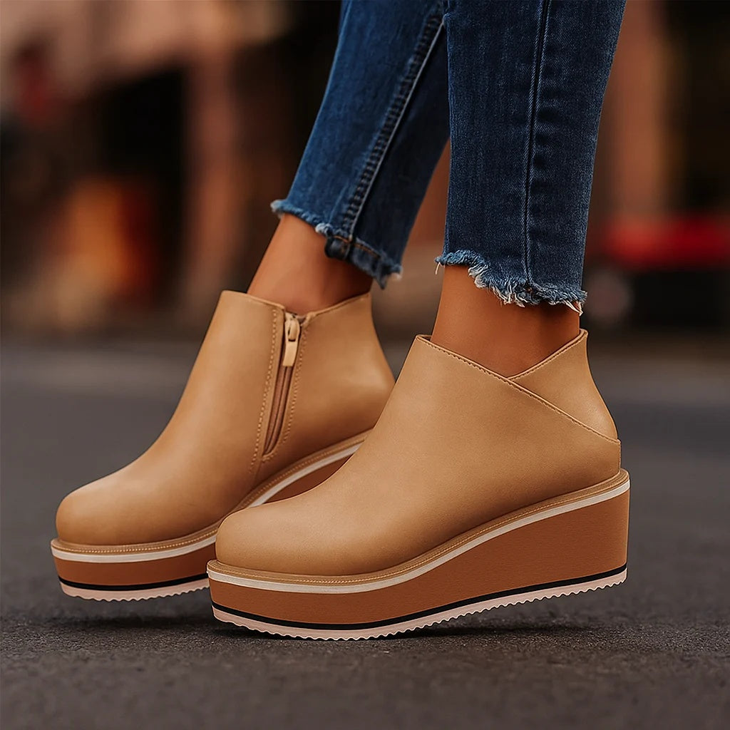 Coralie | Bottines Compensées à Zip Latéral — Kaki Clair