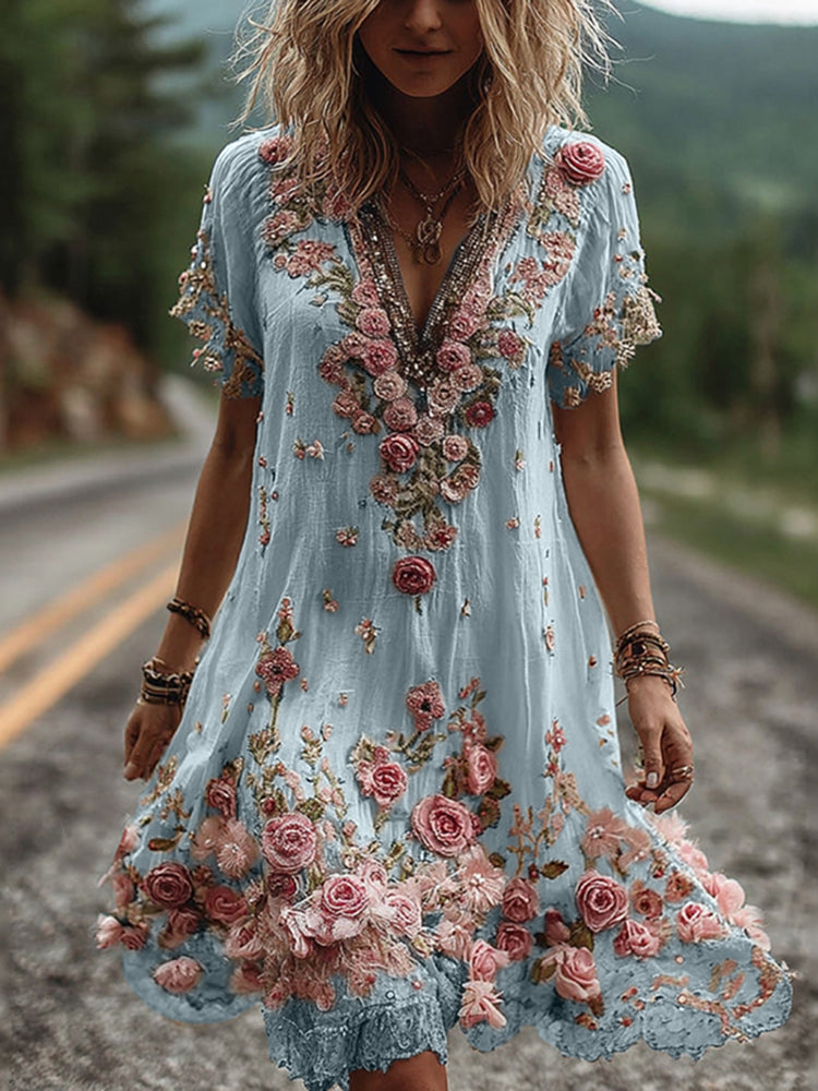 Diana | Robe Col V Brodée Fleurie