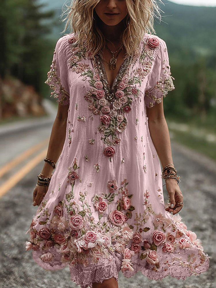 Diana | Robe Col V Brodée Fleurie