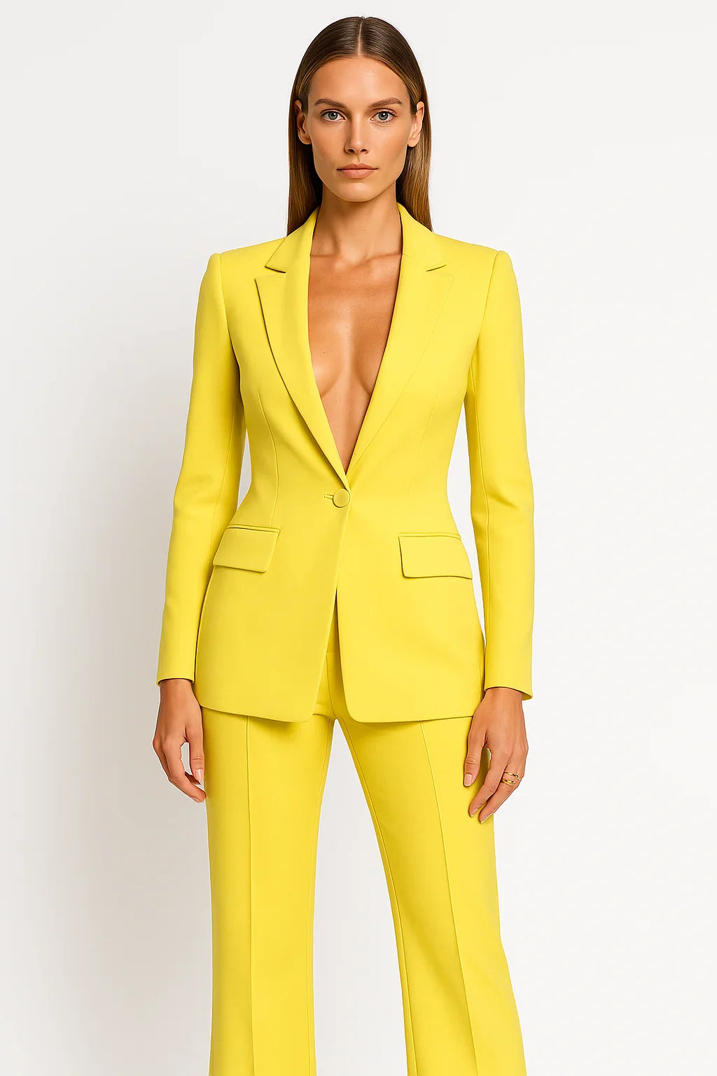 Ensemble blazer et pantalon pour femme, en coton léger, coupe moderne, motif à carreaux, couleur jaune.