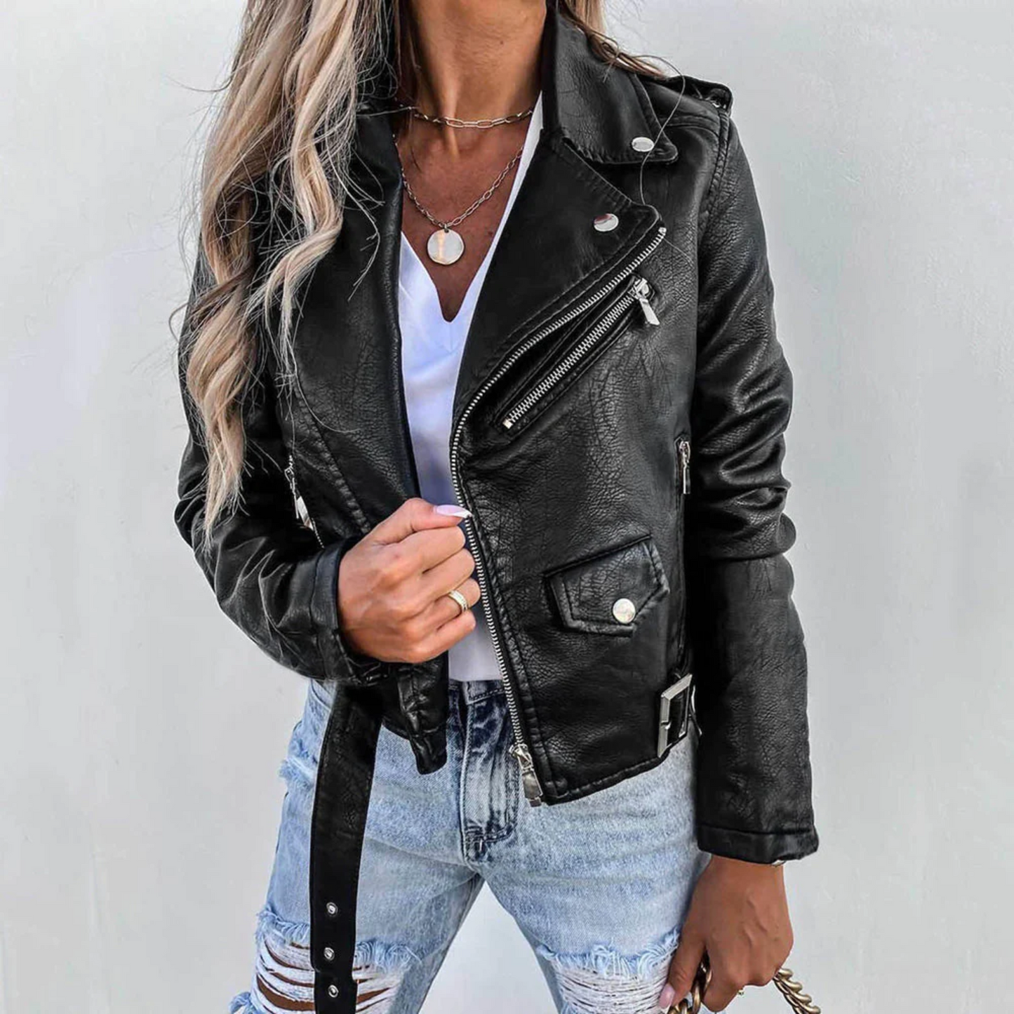 Eva | Veste En Cuir Femme – Cuir De Luxe Avec Col Montant, Ceinture & Design Élégant