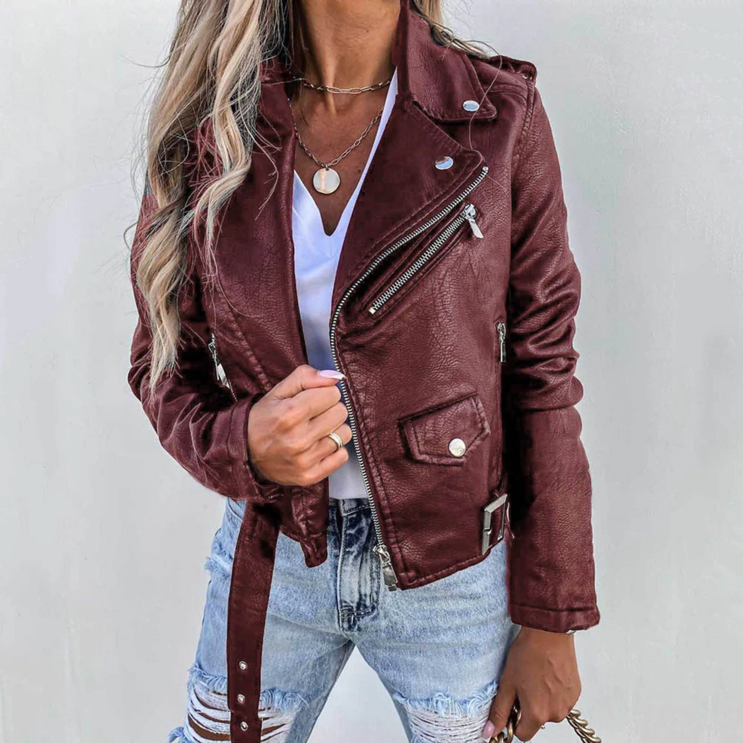 Eva | Veste En Cuir Femme – Cuir De Luxe Avec Col Montant, Ceinture & Design Élégant