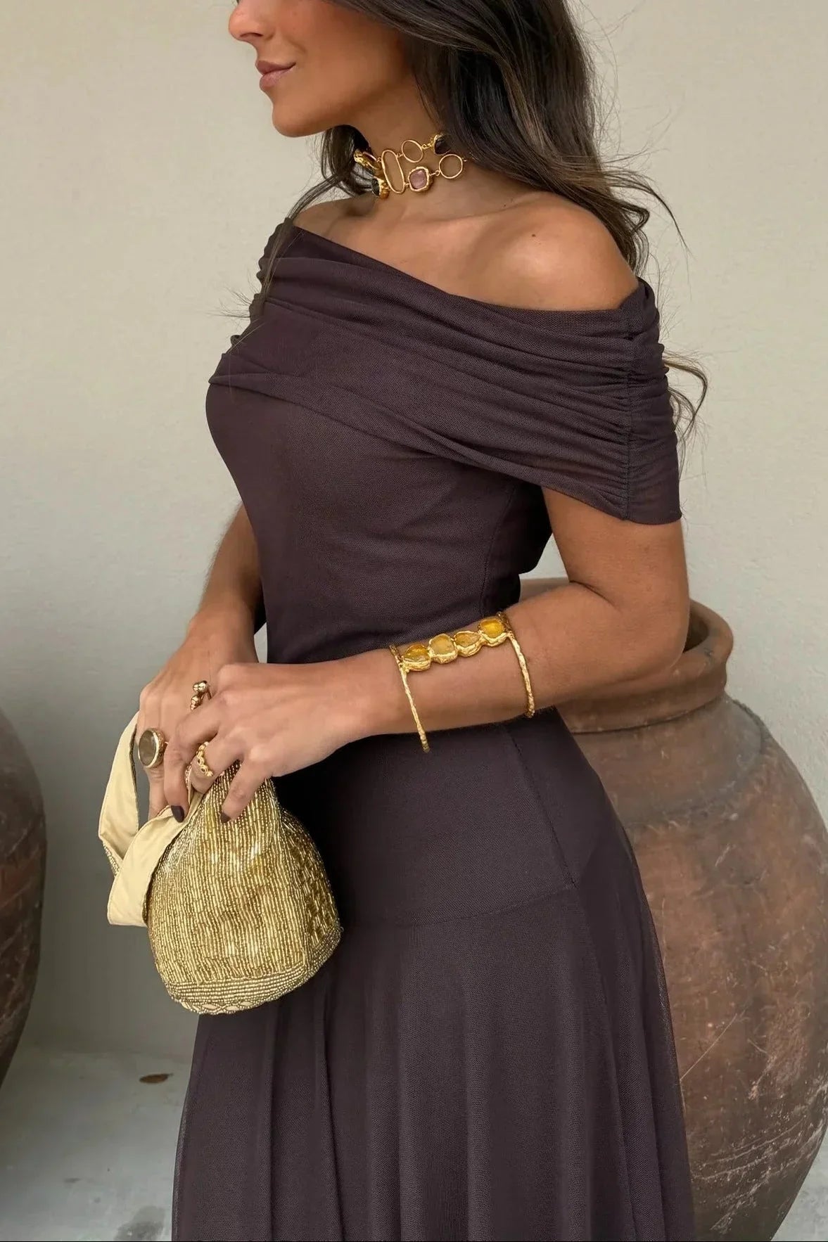 Luna | Robe Longue Ete Femme Plissée Une Épaule