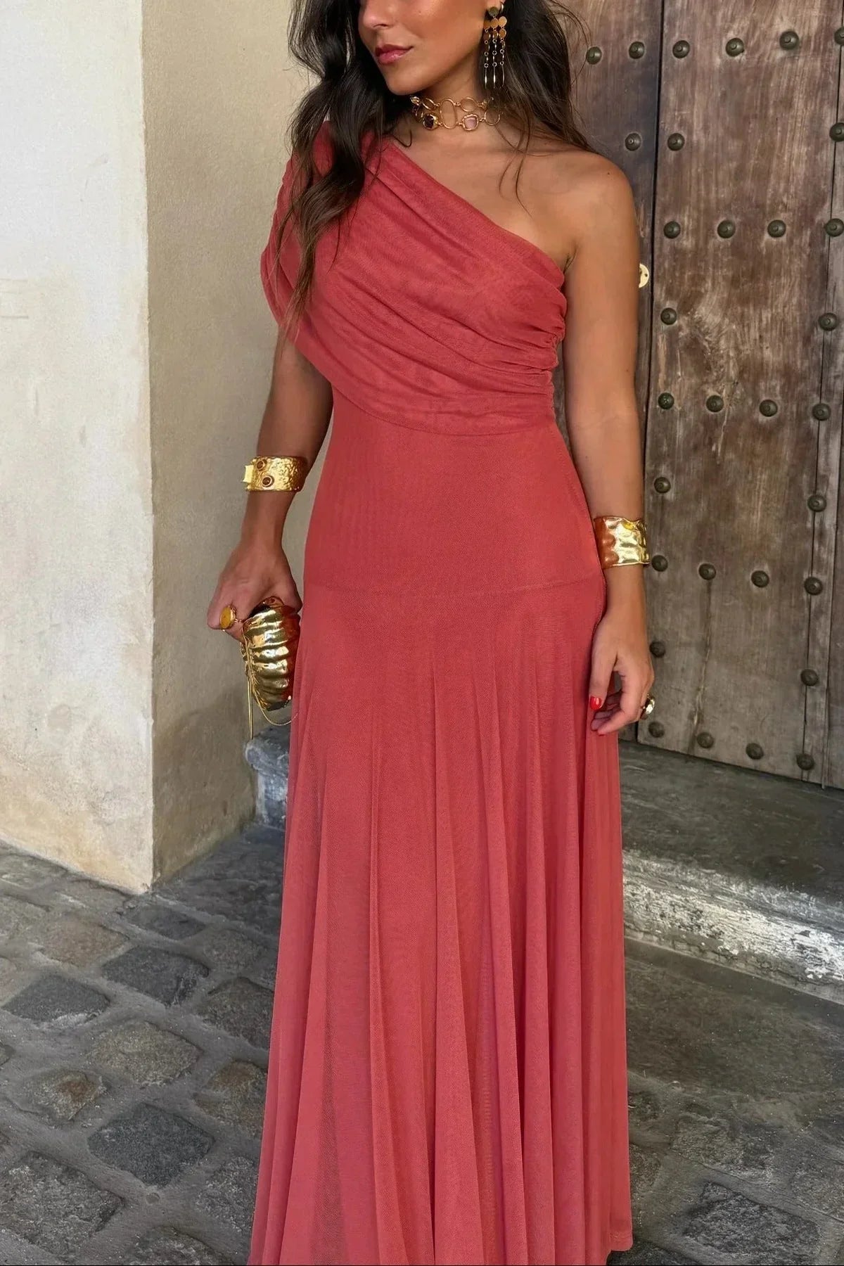 Luna | Robe Longue Ete Femme Plissée Une Épaule