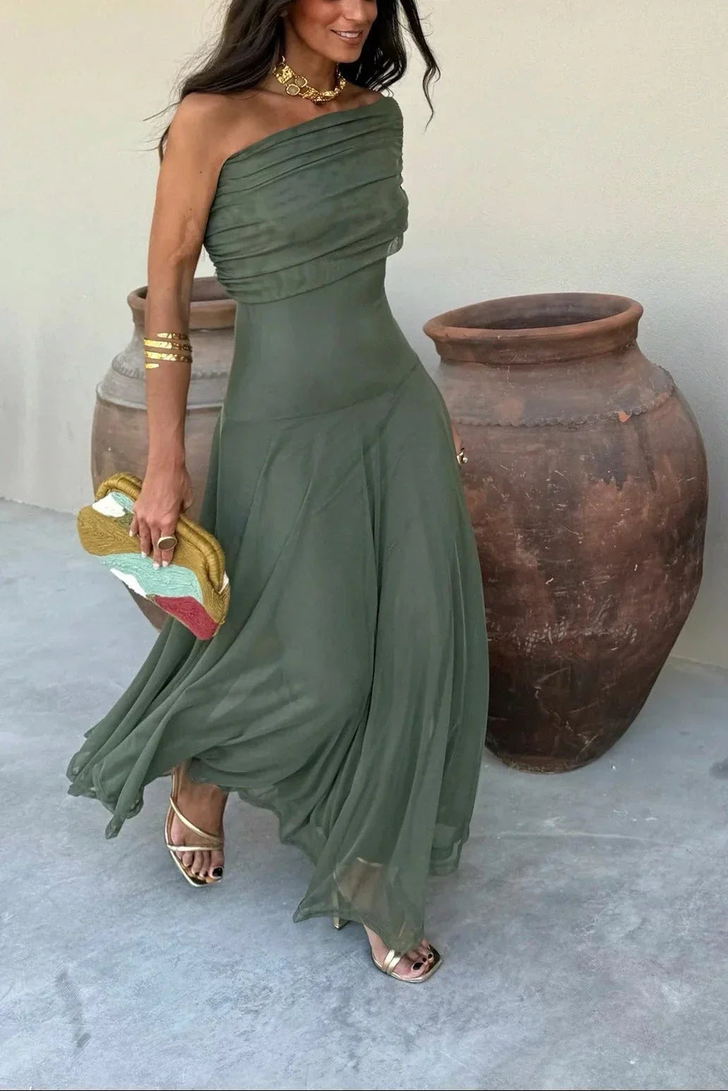 Luna | Robe Longue Ete Femme Plissée Une Épaule