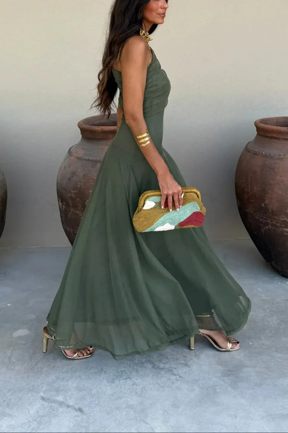 Luna | Robe Longue Ete Femme Plissée Une Épaule