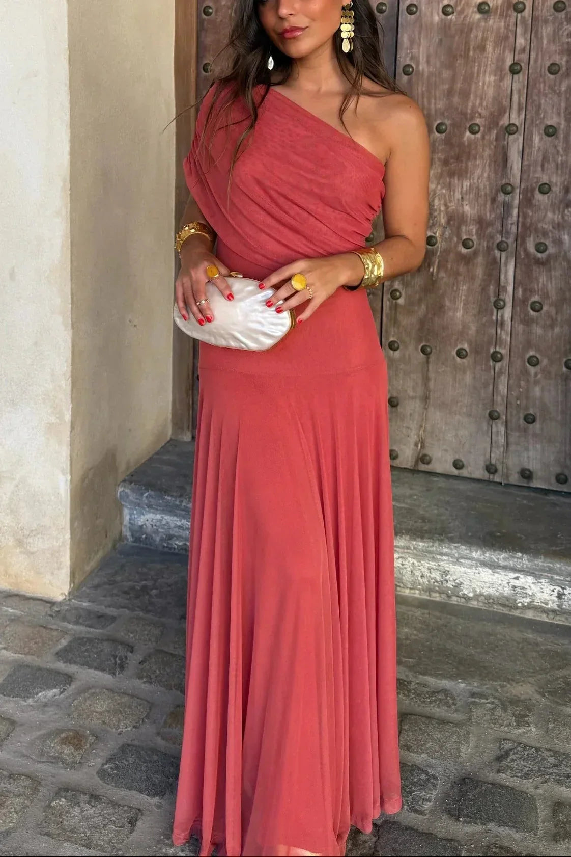 Luna | Robe Longue Ete Femme Plissée Une Épaule
