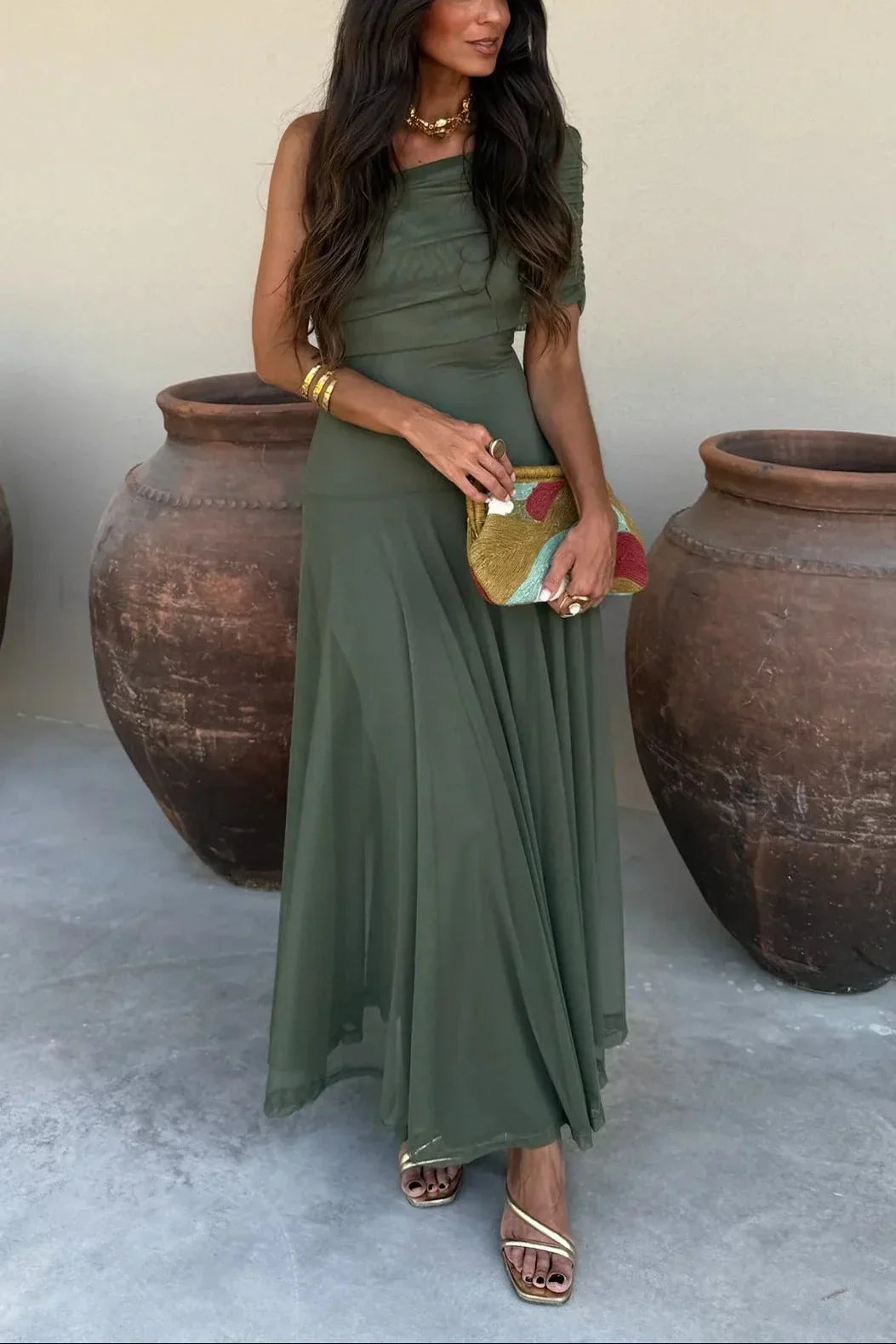 Luna | Robe Longue Ete Femme Plissée Une Épaule