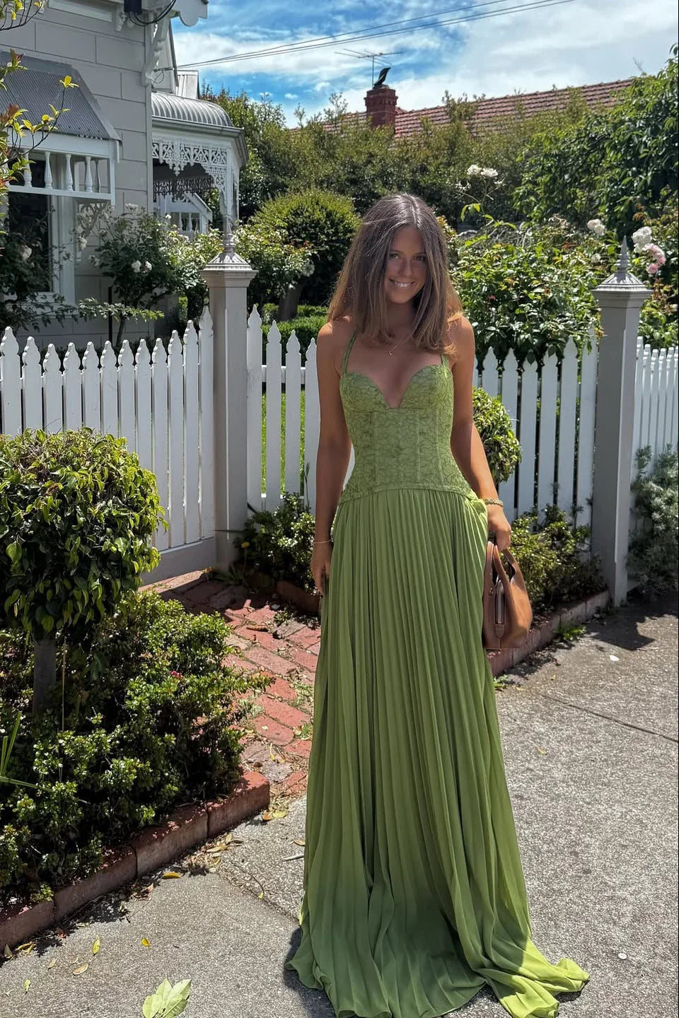 Mathilde | Robe Longue Femme Verte Plissee Corset