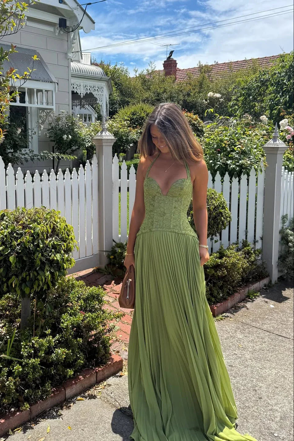 Mathilde | Robe Longue Femme Verte Plissee Corset