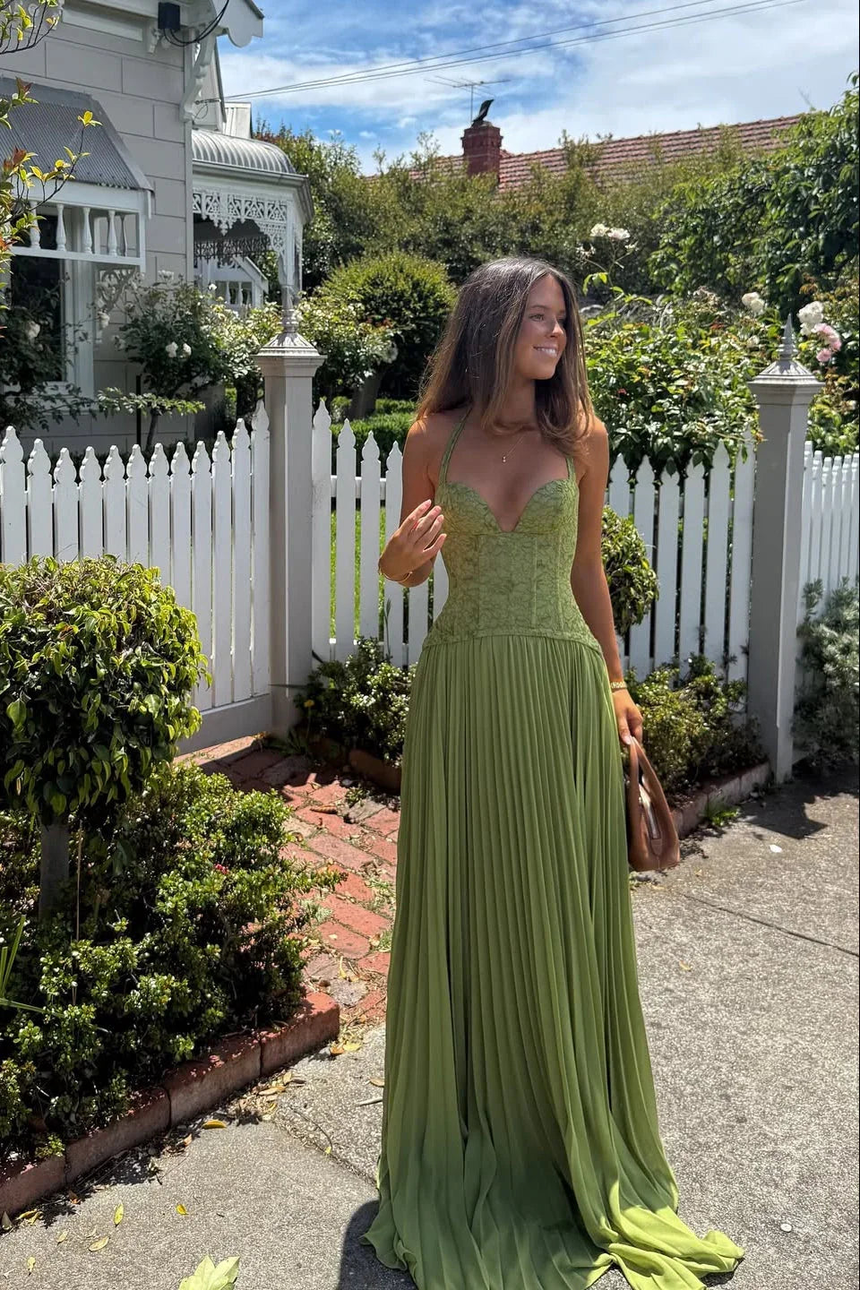 Mathilde | Robe Longue Femme Verte Plissee Corset