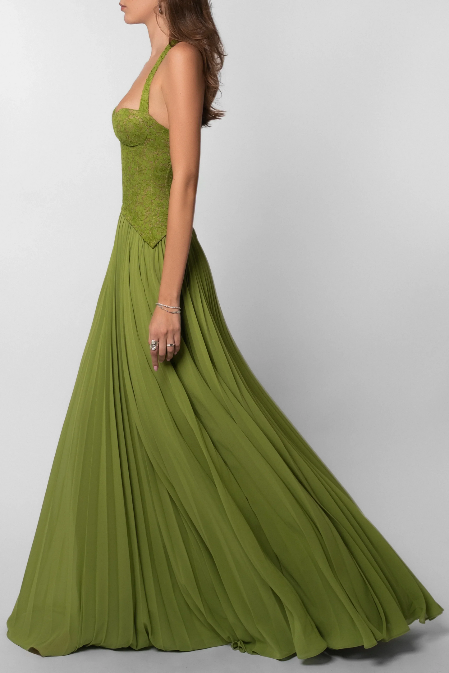 Mathilde | Robe Longue Femme Verte Plissee Corset