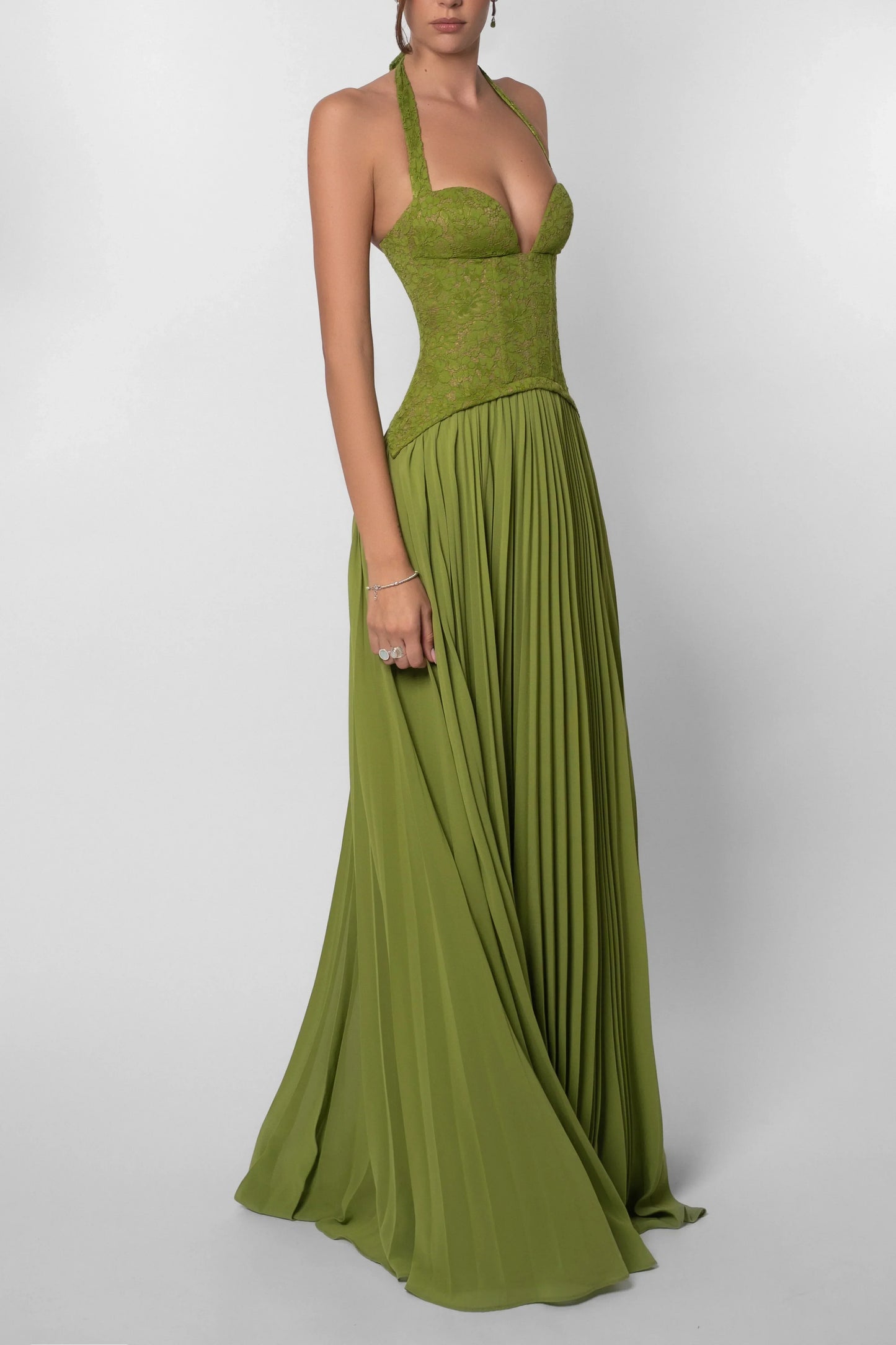 Mathilde | Robe Longue Femme Verte Plissee Corset