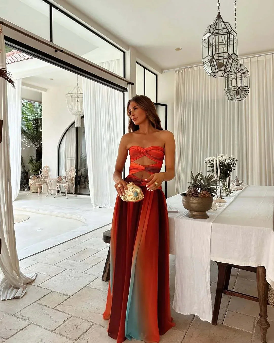 Charlotte | Robe Longue Femme Sans Bretelles Rouge Et Orange Été