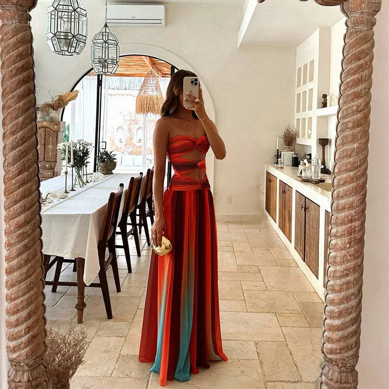 Charlotte | Robe Longue Femme Sans Bretelles Rouge Et Orange Été